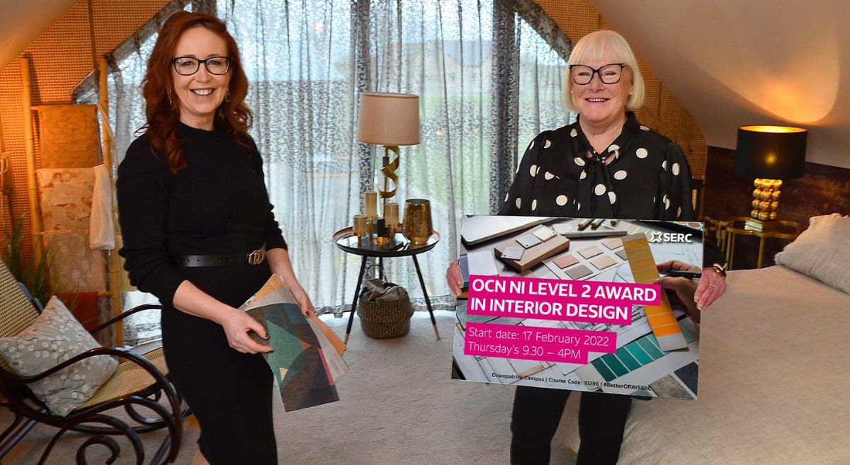 Grainne Quinn, Iconic Interior Designs, with Sharon Castles who is holding board with details of Interior Design Course commencing 17 Feb 2022.